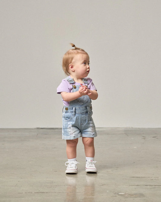 Distressed Denim Shortie Overall - Light Wash