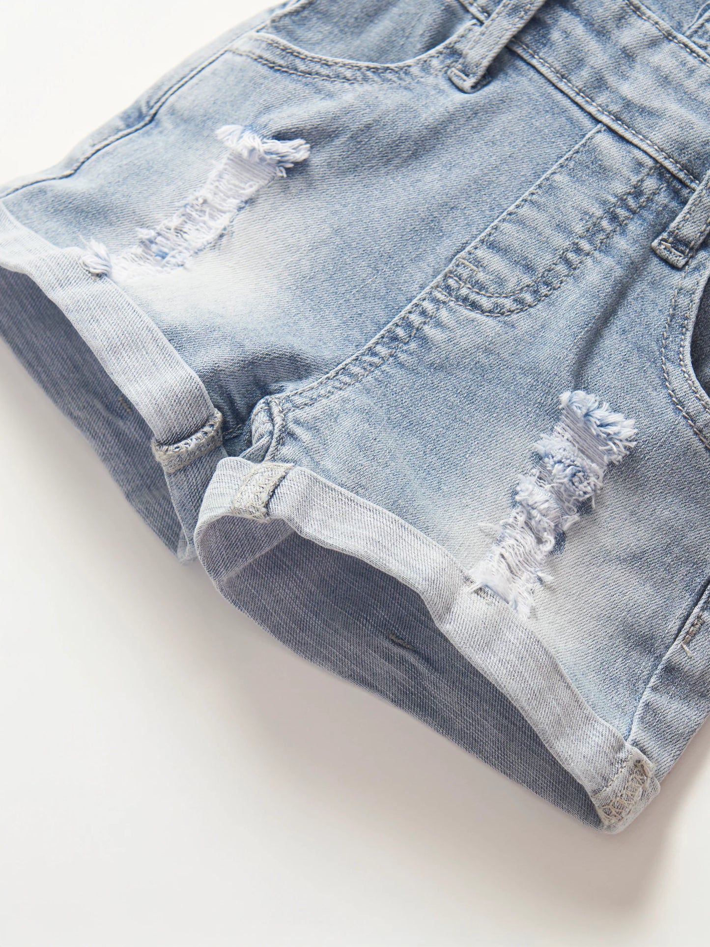 Distressed Denim Shortie Overall - Light Wash